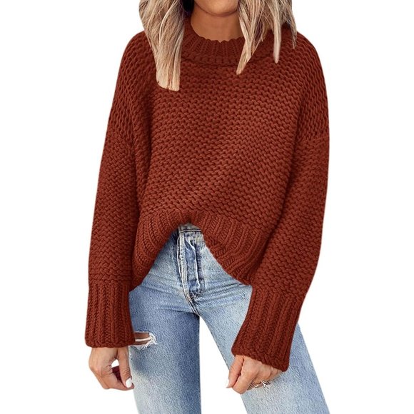 Women's Crewneck Chunky Knit Batwing Long Sleeve Loose  Pullover Sweaters Tops - Picture 1 of 6